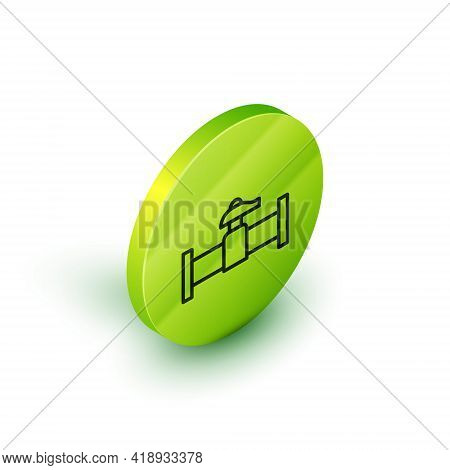 Isometric Line Industry Metallic Pipe And Valve Icon Isolated On White Background. Green Circle Butt