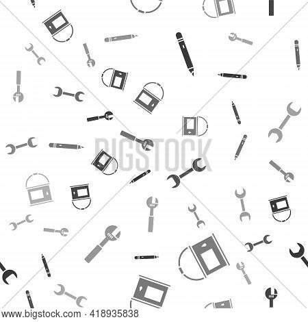 Set Pencil With Eraser, Paint Bucket, Wrench Spanner And Adjustable Wrench On Seamless Pattern. Vect