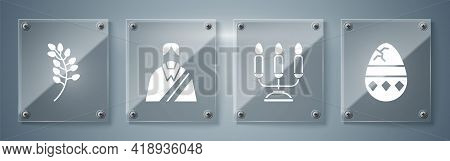 Set Cracked Egg, Candelabrum With Candlesticks, Jesus Christ And Willow Leaf. Square Glass Panels. V