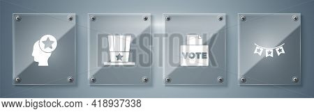 Set Carnival Garland With Flags, Vote Box, Patriotic American Top Hat And Usa Head. Square Glass Pan