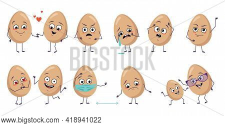 Set Of Cute Egg Characters With Emotions, Face, Arms And Legs. Happy Easter Decoration. Smiling Or S