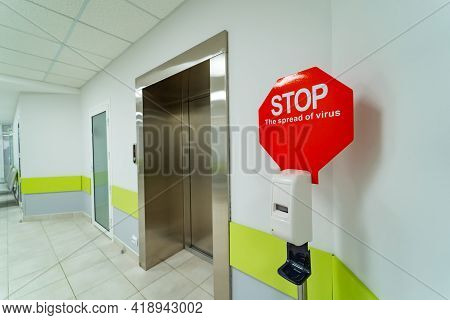 Disinfection Liquid Treats For Disease In Hospital. Sign Stop With Antibacterial Soap.