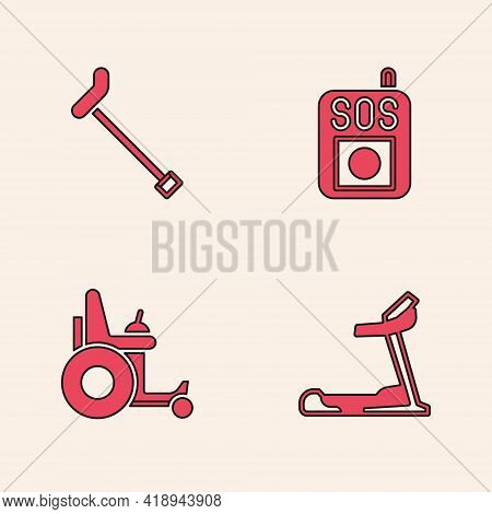 Set Treadmill Machine, Walking Stick Cane, Press The Sos Button And Electric Wheelchair Icon. Vector