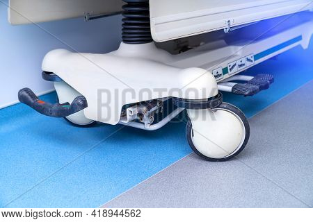Details Of Medical Equipment. Modern Hospital Bed On Wheels. Close Up.