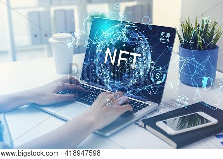 Businesswoman Hands On Keyboard Of Laptop, Non-fungible Token Hud Double Exposure, Nft With Earth Gl