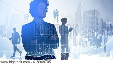 Office Man Standing In Black Suit, Double Exposure Of Business Buildings And Teamwork, Forex Stock M
