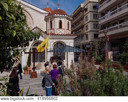 Thessaloniki, Greece - April 30 2021: Good Friday Orthodox Easter Epitaph Outdoors. Crowd With Masks