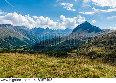 Beautiful Panorama Landcscape View From The Parking Place In Bernina Pass In Canton Graubunden In Sw