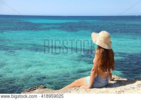 Longing For Summer, Longing For Holidays. Back View On Female Tourist Enjoying View Crystalline Wate