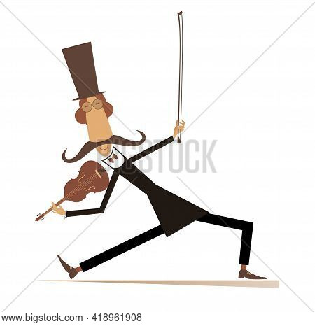 Cartoon Long Mustache Violinist Illustration. 
Smiling Mustache Man In The Top Hat With Violin And F
