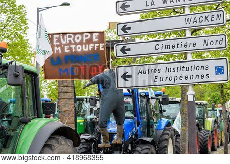 Strasbourg, France - April 30, 2021: Hanged Puppet At Farmer Protest In Front Of Council Of Europe A