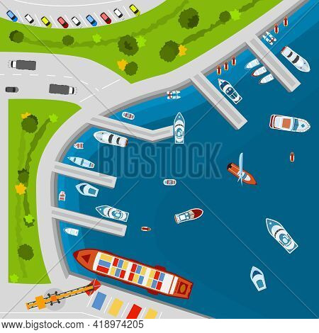 Seaside Dockyard Harbor Terminal Area With Cargo Vessels Top View From Above Poster Flat Abstract Ve
