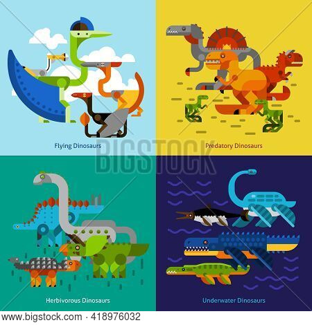 Dinosaur Design Concept Set With Flying Underwater Predatory Prehistoric Animals Flat Icons Isolated