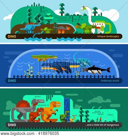 Dinosaur Horizontal Banner Set With Prehistoric Predators Flat Elements Isolated Vector Illustration