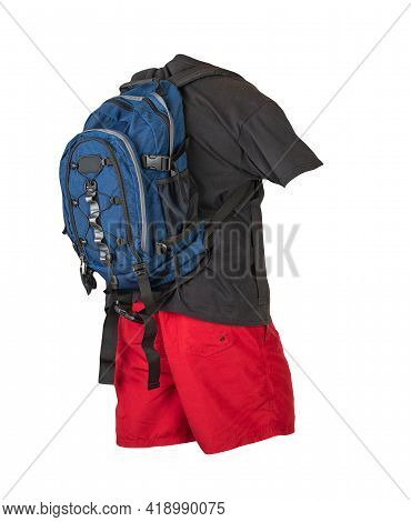 Deinim Bluebackpack,red Sports Shorts, Black T-shirt Isolated On White Foane. Clothes For Every Day