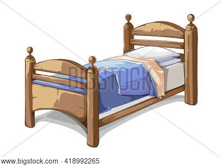 Wood Bed In Cartoon Style. Furniture Interior, Bedroom Comfortable. Vector Illustration