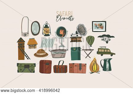 Hand Drawn Vector Stock Abstract Flat Graphic Illustration African Safari Collection Set, With Trave