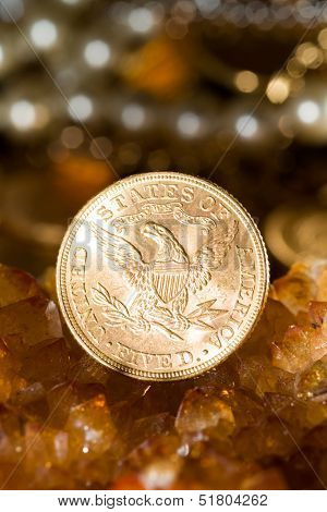Five Dollars gold coins USD shallow depth of fiels