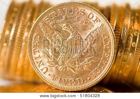 Five Dollars gold coins USD shallow depth of fiels