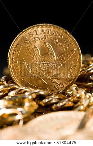 Five Dollars gold coins USD shallow depth of fiels