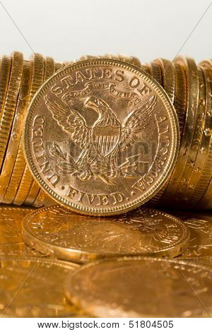 Five Dollars gold coins USD shallow depth of fiels