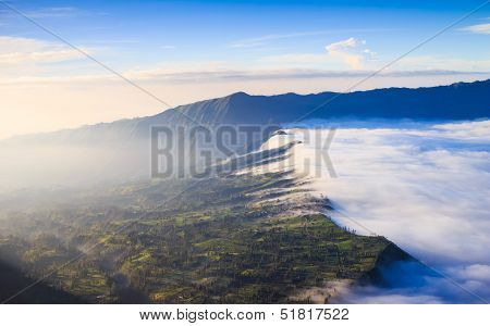 Village And Cliff At Bromo Volcano In Tengger Semeru, Java, Indonesia