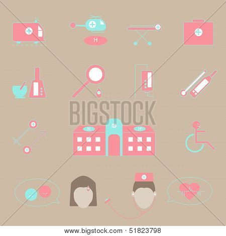 Hospital And Emergency Color Icons On Brown Background