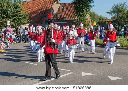 Nieuwehorne, The Netherlands - Sep 28: Marching Band 'marko's' Walking In A Countryside Parade Durin