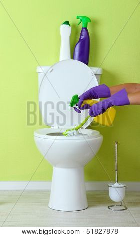 Woman hand with spray bottle cleaning a toilet bowl in a bathroom