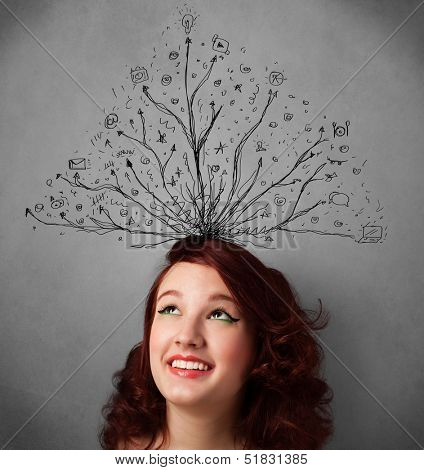 Pretty young woman thinking with tangled lines coming out of her head