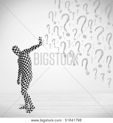 3d human character is body suit morphsuit looking at hand drawn question marks