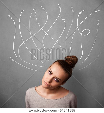 Pretty young woman thinking with arrows in different directions above her head