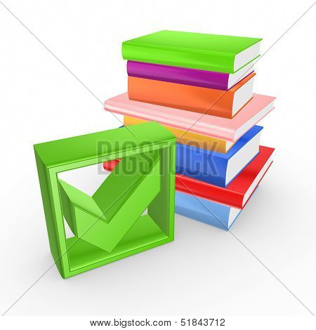Colorful books and green tick mark.