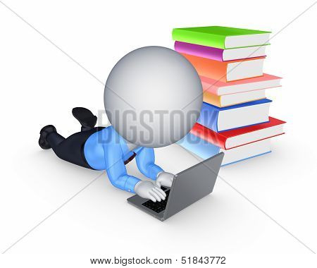 3d small person with notebook and colorful books.