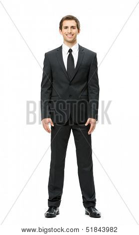 Full-length portrait of businessman, isolated on white background. Concept of leadership and success