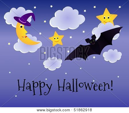 Halloween Vector Background With Moon In Magic Hat, Stars And Bat.