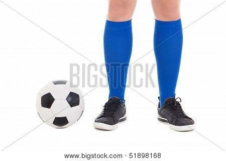 Legs Of Soccer Player In Blue Socks With Ball Isolated On White