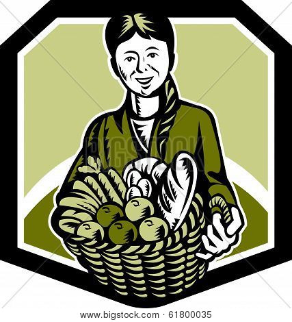 Female Organic Farmer Crop Harvest Woodcut