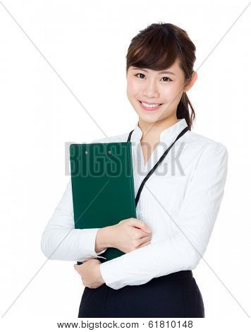 Asian business woman holding clipboard