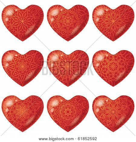 Valentine red hearts with pattern, set