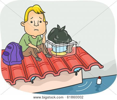 Illustration of a Man Stranded on the Roof Because of Flooding/
