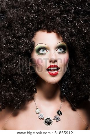 Creativity. Theatrical Emotions. Woman With Fantastic Coiffure Looks Like Doll