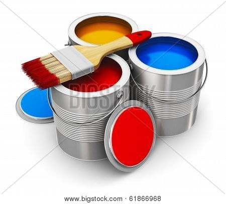 Cans with color paint and paintbrush