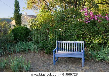 Blue Painted Wooden Garden Bench, Provence, France.