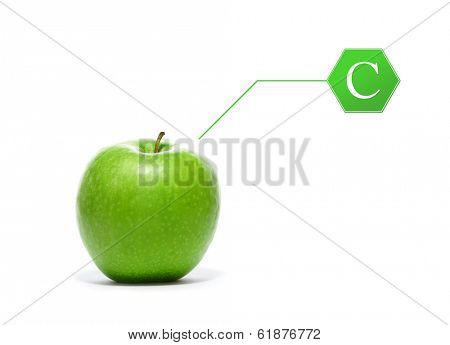 Green, fresh and tasty apple with the vitamin C pointer isolated on white