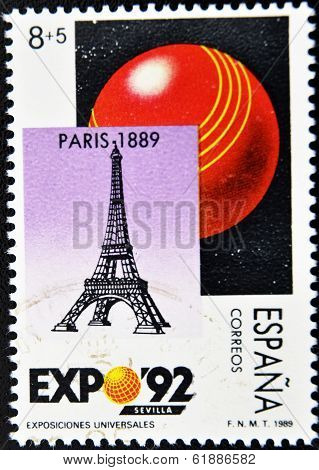 SPAIN - CIRCA 1989: A stamp printed in Spain shows the symbol of the universal exhibition in Seville