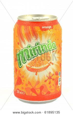 Can of Mirinda drink isolated on white background