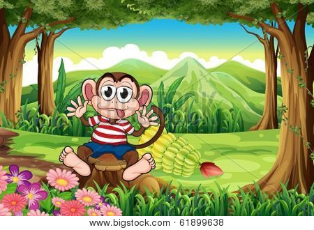 Illustration of a bloated monkey above the stump at the forest