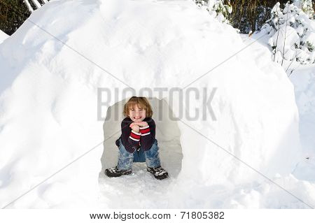 Funny Boy Playing In A Snow Igloo On A Sunny Winter Day