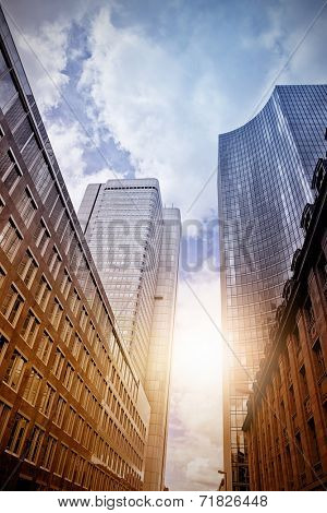 modern steel and glass office skyscrapers in the evening sun, Frankfurt am Main, Germany